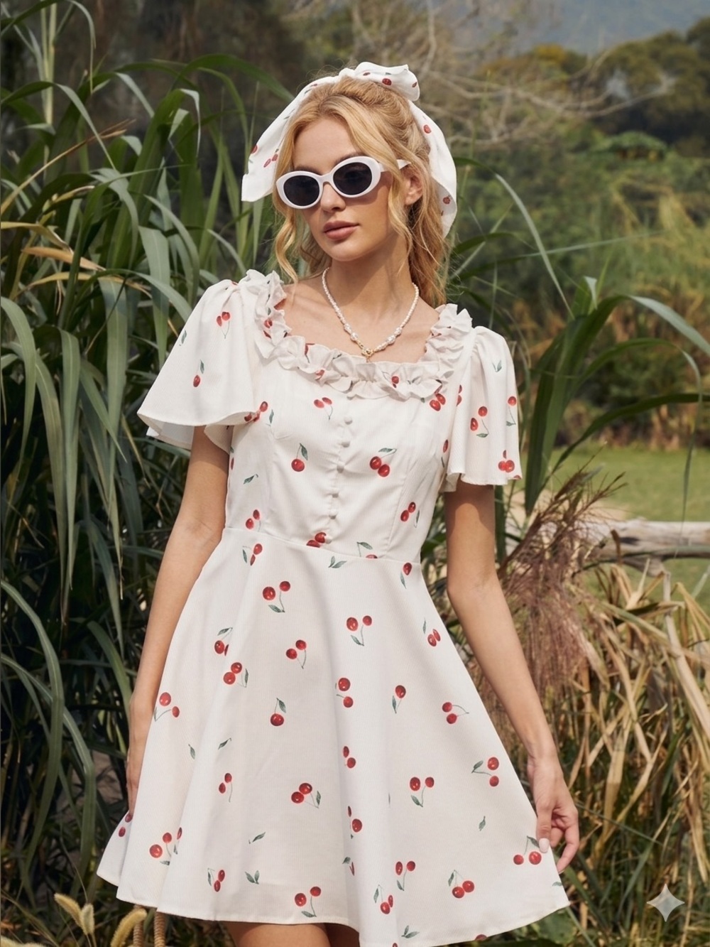 Quaint White Cherry-Print Mini Dress with Ruffle Neckline